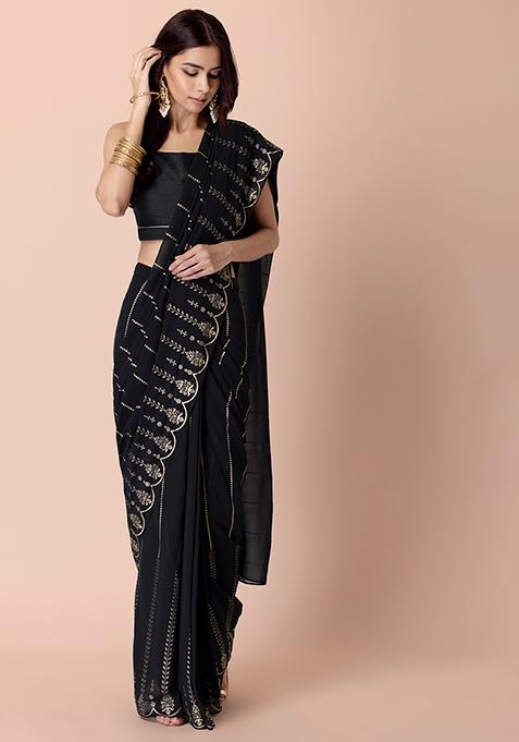 Buy Women Black Scallop Printed Pre-Stitched Saree (Without Blouse ...