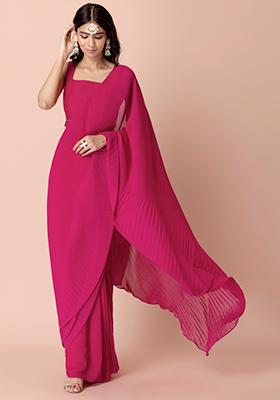 Hot Pink Pleated Ready To Wear Saree
