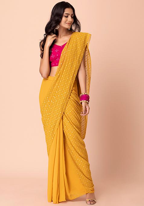 Yellow Polka Dot Foil Print Pre-Stitched Saree (Without Blouse)