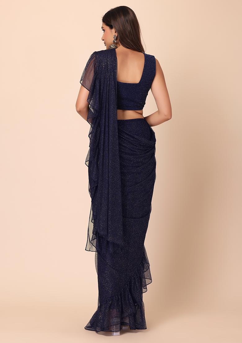 Navy Blue Snow Light Stitched Sari main image 0