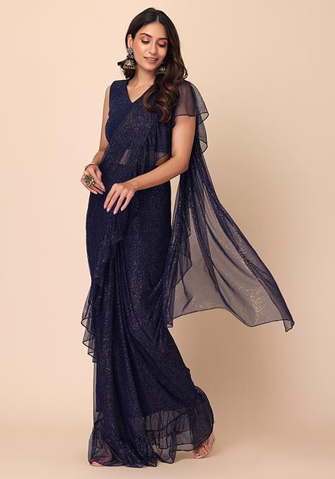 Buy Women Navy Blue Glitter Pre-Stitched Saree - RTW - Indya