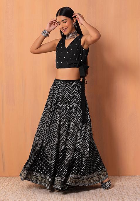 Black Bandhani Print Kalidar Lehenga Skirt