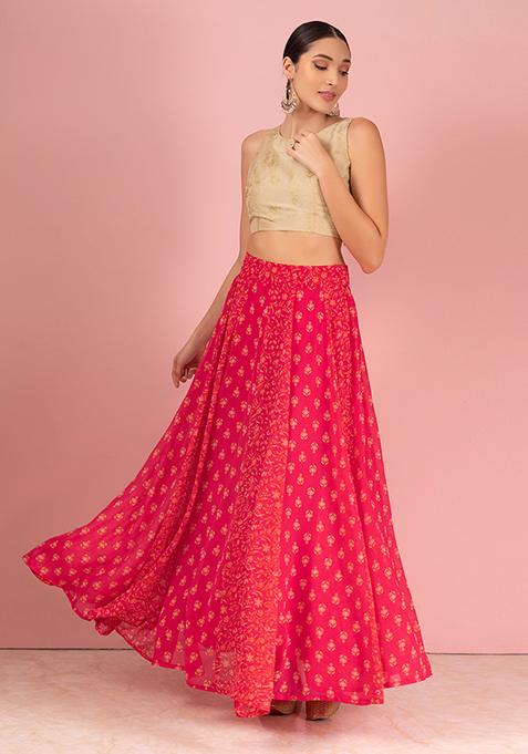 Dark Pink Foil Print Kalidar Lehenga Skirt