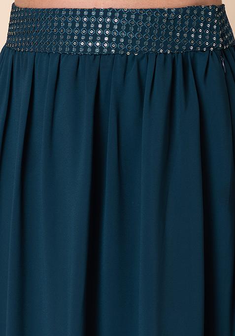 Buy Women Teal Blue Embroidered Waist Tiered Lehenga Skirt - Feed ...