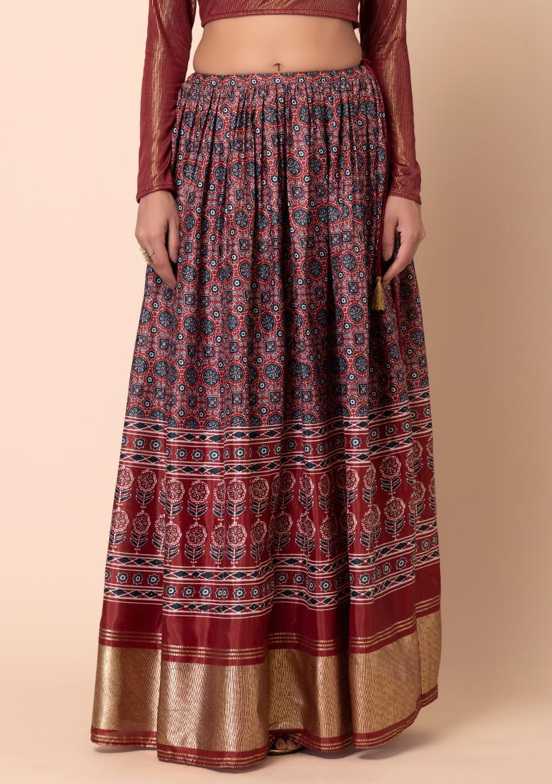 Red Ajrakh Print Silk Lehenga Skirt
