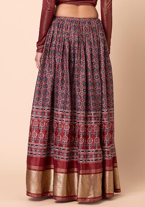 Buy Women Red Ajrakh Print Silk Lehenga Skirt - RTW - Indya