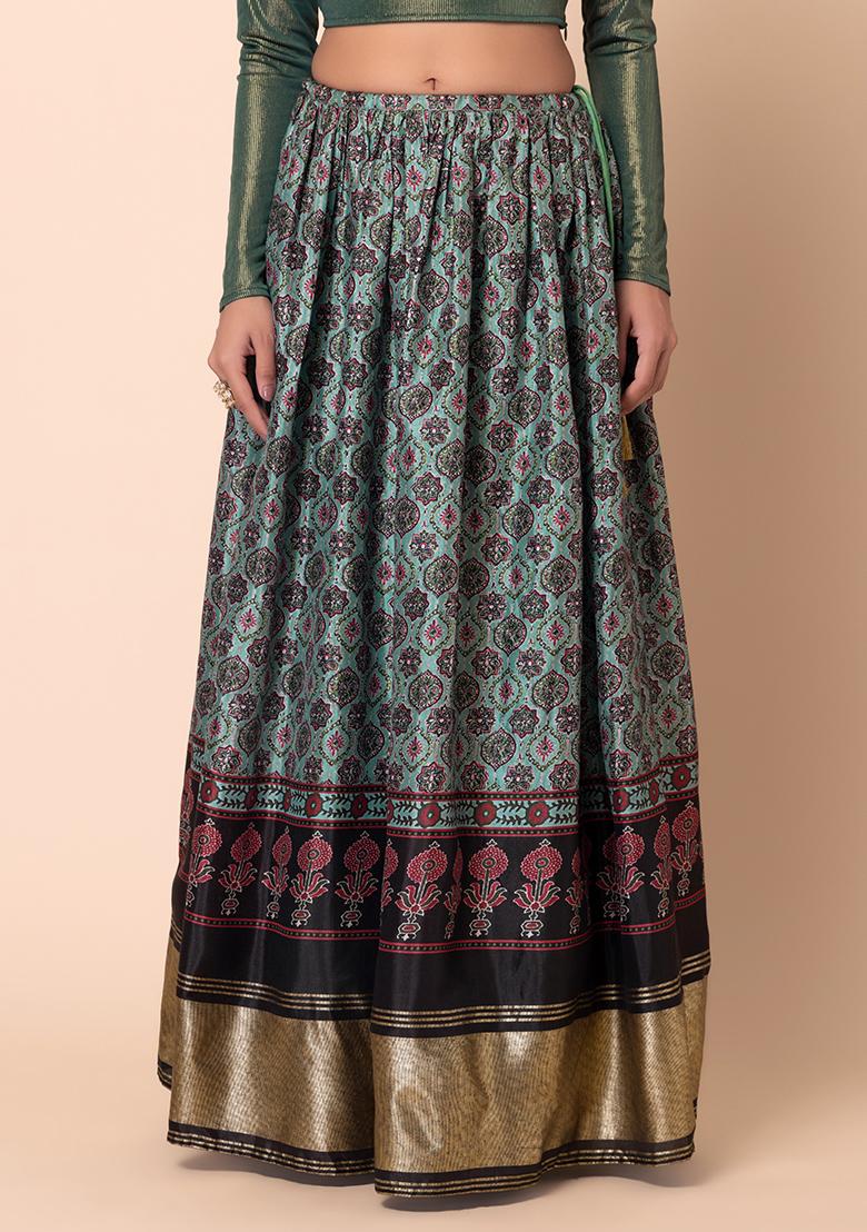 Pastel Green Ajrakh Print Silk Lehenga Skirt