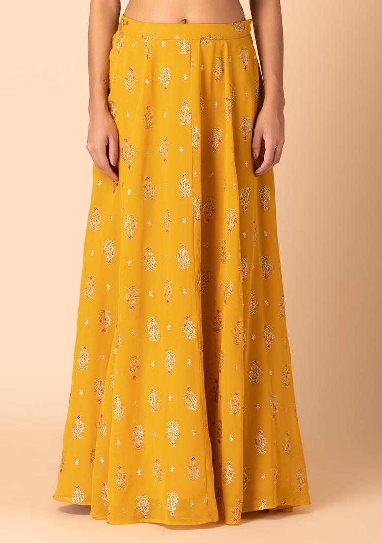 Mustard Yellow Floral Print Kalidar Lehenga Skirt