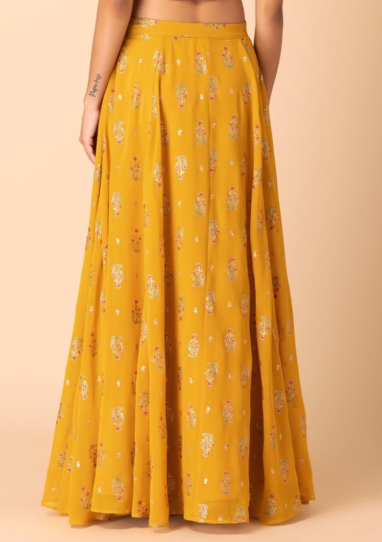 Mustard Yellow Floral Print Kalidar Lehenga Skirt