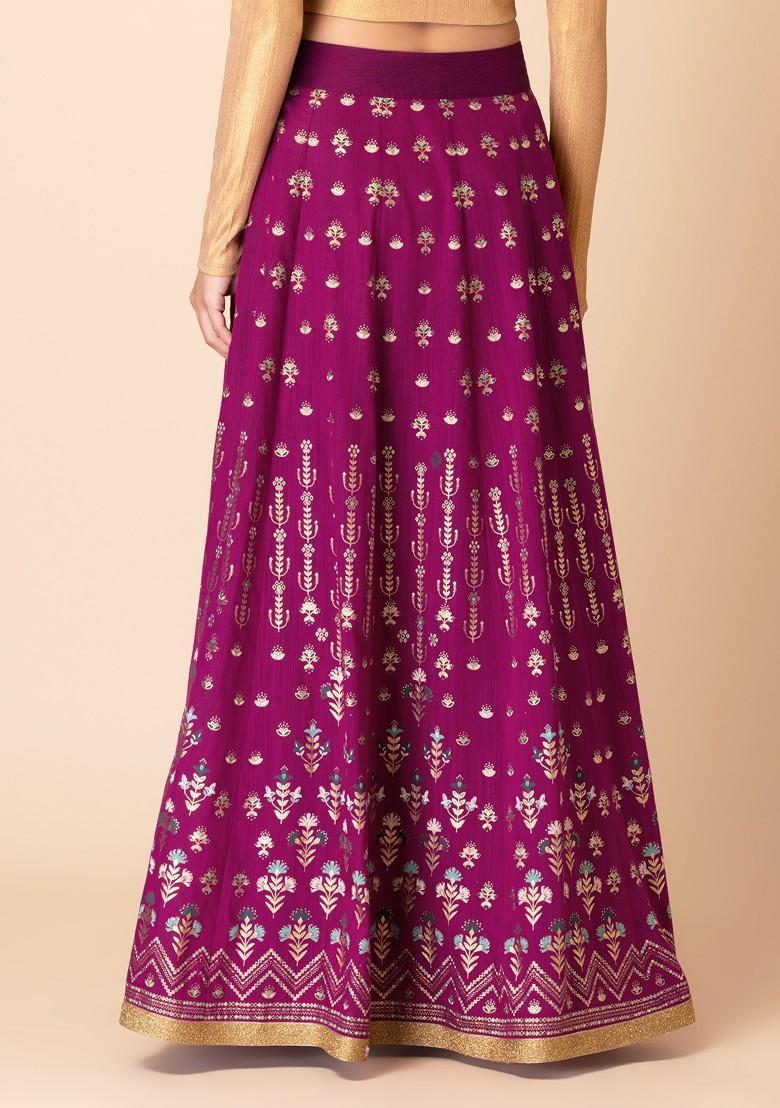 Purple Floral Foil Print Kalidar Lehenga Skirt