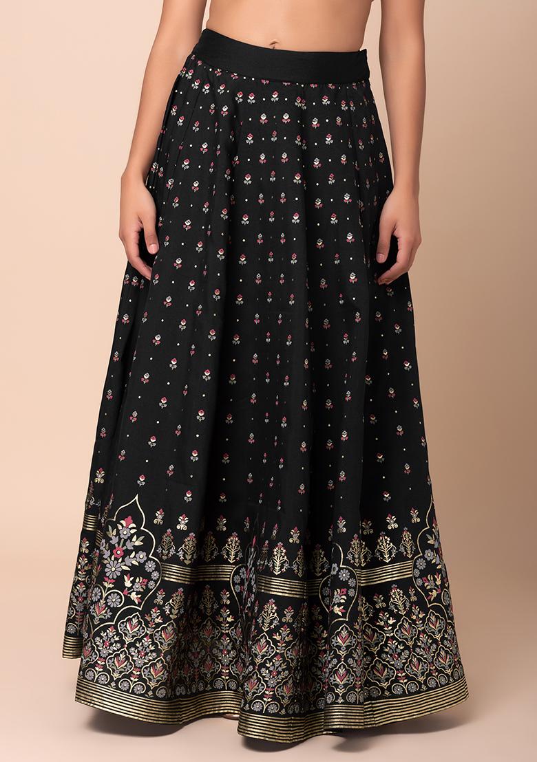 Black Foil Print Kalidar Silk Lehenga Skirt