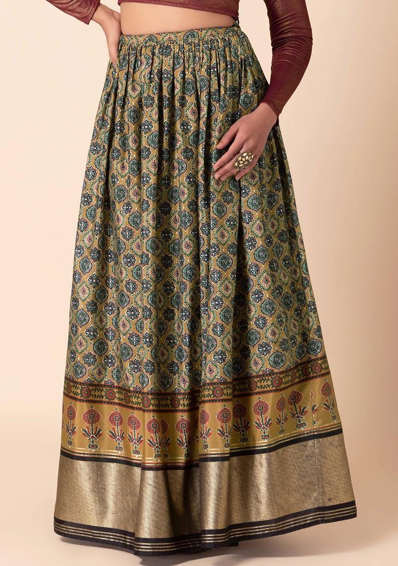 Mustard Yellow Ajrakh Print Silk Lehenga Skirt