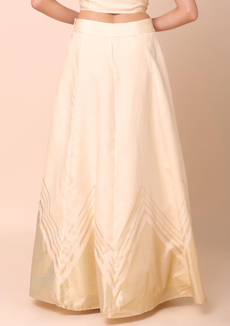 Ivory Chevron Foil Print Silk Lehenga Skirt