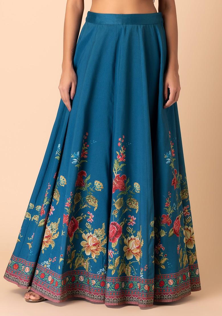 Turquoise Blue Floral Print Silk Lehenga Skirt