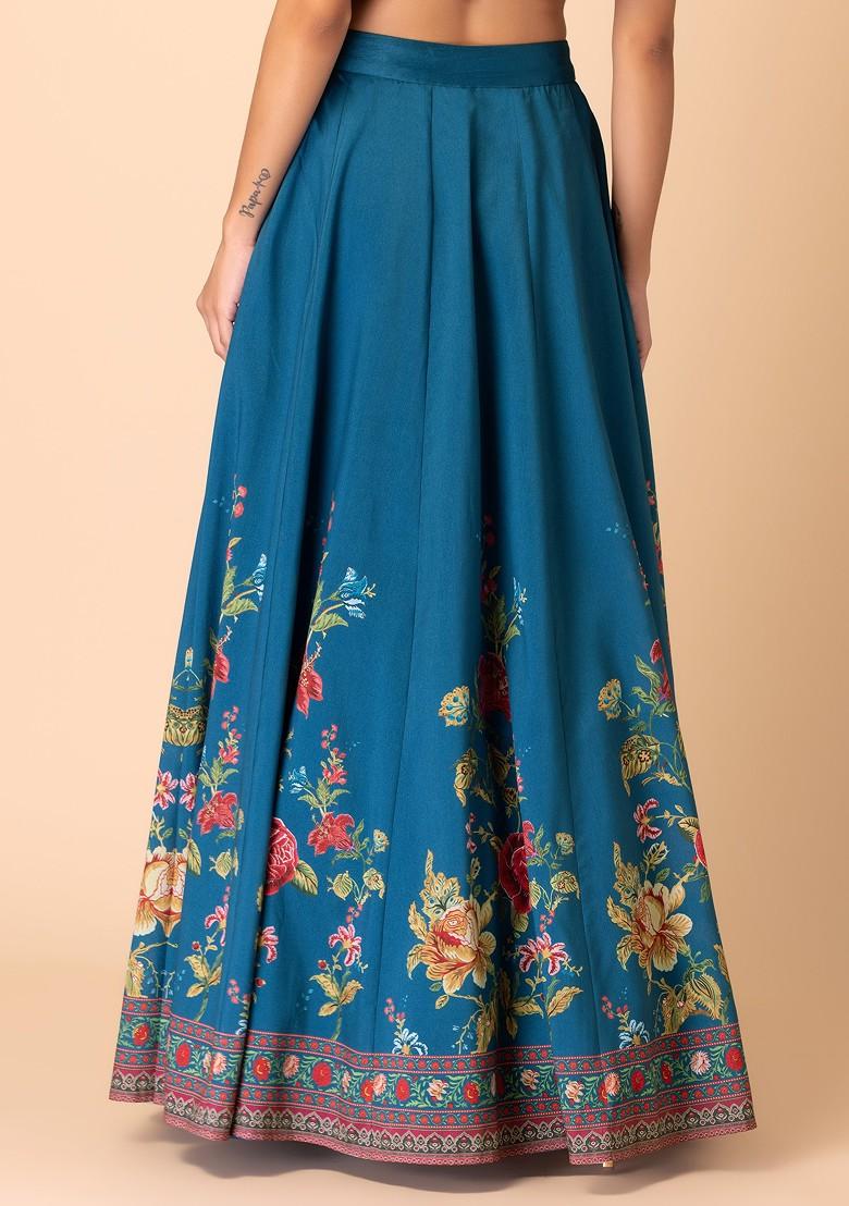 Turquoise Blue Floral Print Silk Lehenga Skirt