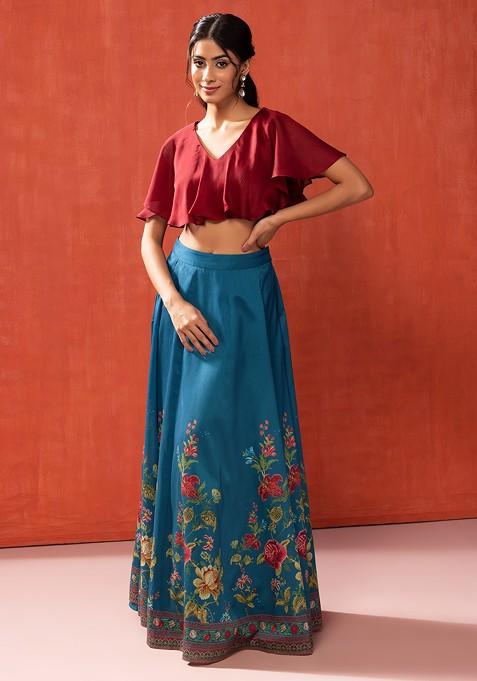 Turquoise Blue Floral Print Silk Lehenga Skirt