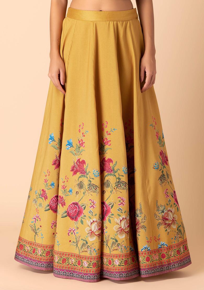 Mustard Yellow Floral Print Silk Lehenga Skirt