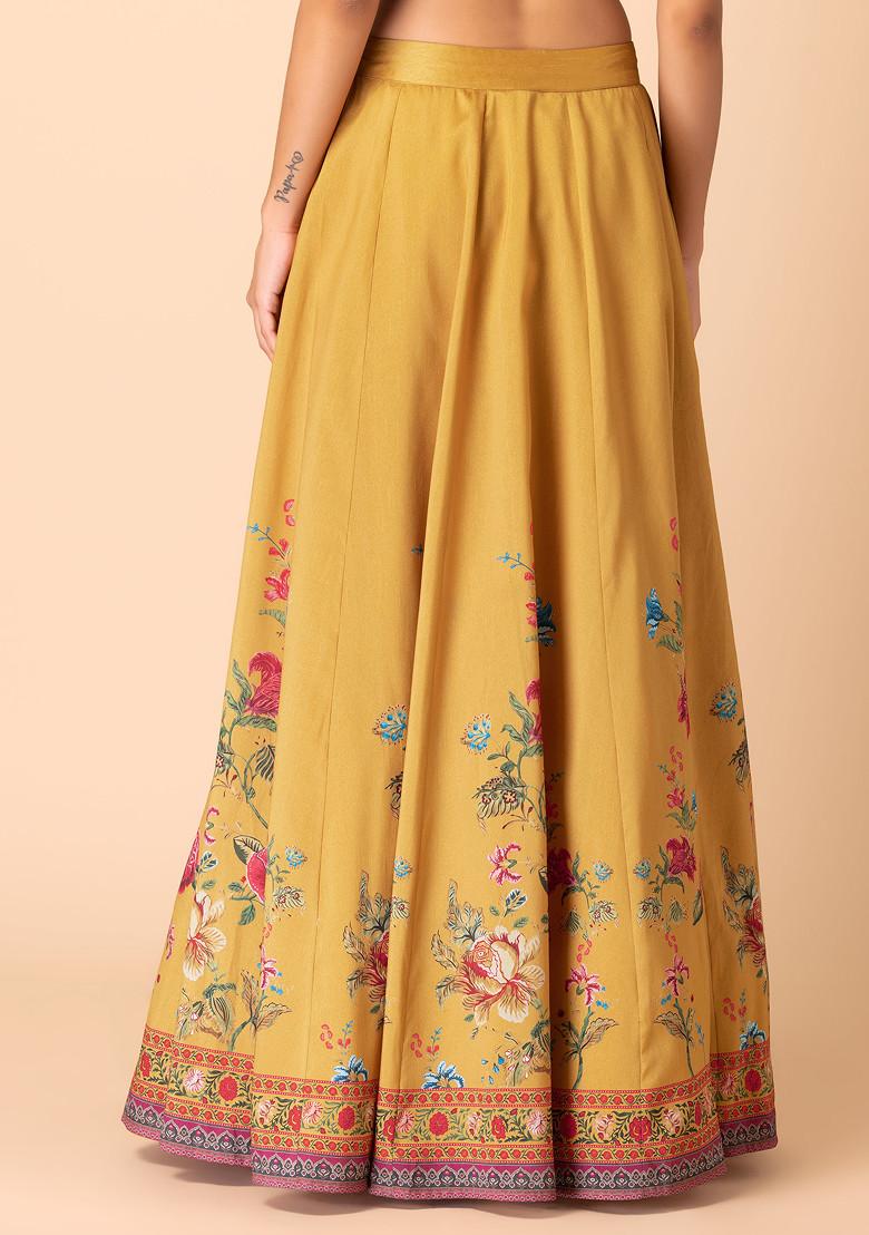 Mustard Yellow Floral Print Silk Lehenga Skirt