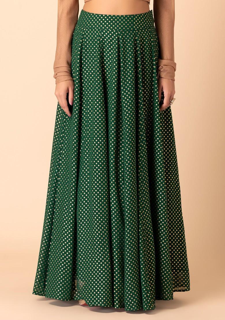 Green Polka Dot Foil Print Lehenga Skirt