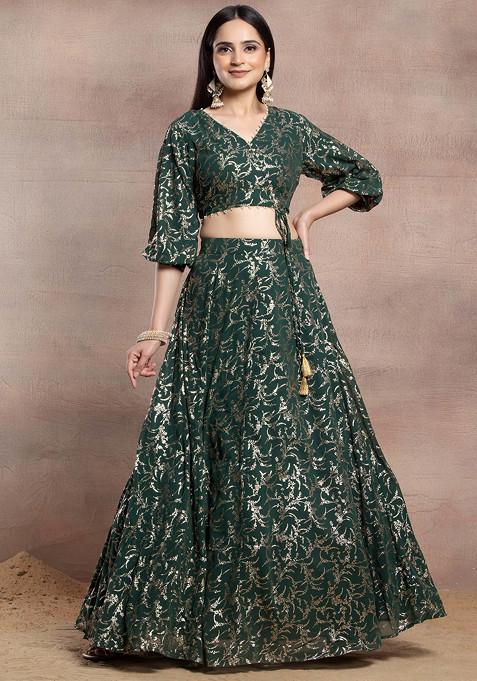 Green Floral Foil Print Kalidar Lehenga Skirt