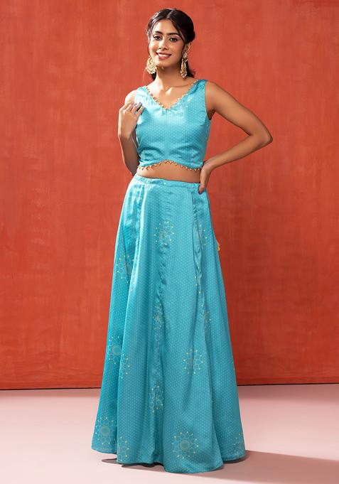Light Blue Bandhani Print Satin Lehenga Skirt