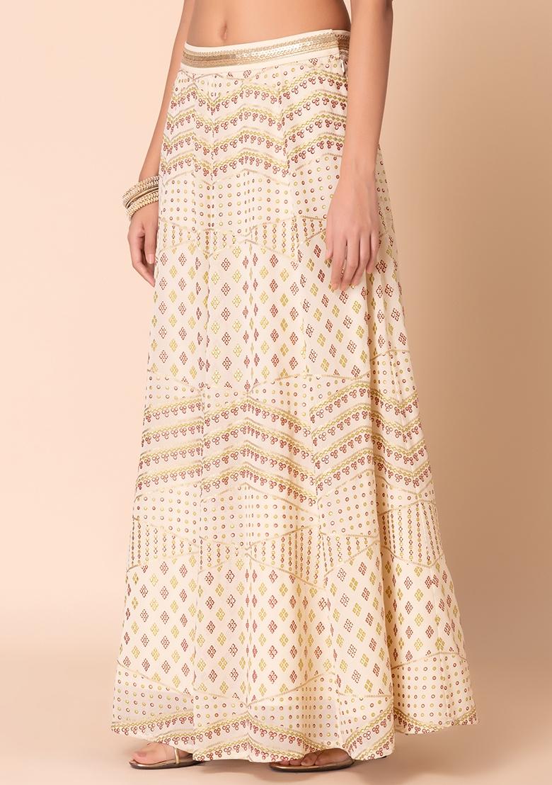 Ivory Foil Print Kalidar Lehenga Skirt