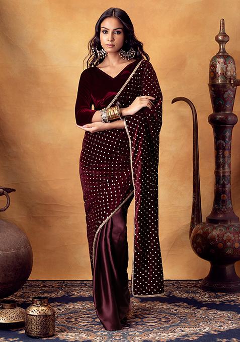 Maroon Satin Pleated Foil Print Pre-Stitched Velvet Saree (Without Blouse)