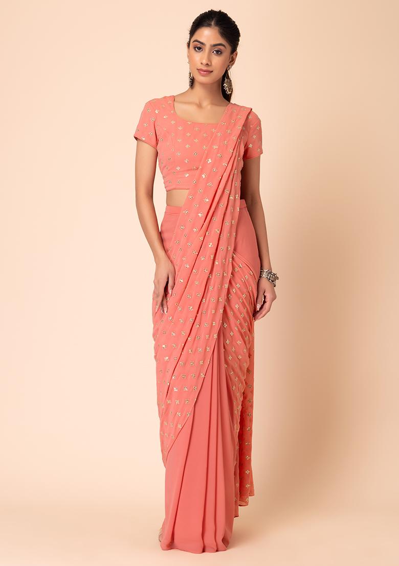 Dusty Pink Boota Embroidered Pre-Stitched Saree (Without Blouse) - Indya