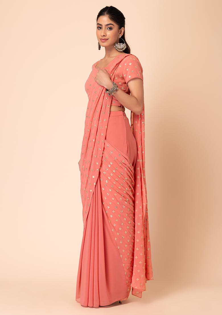 Dusty Pink Boota Embroidered Pre-Stitched Saree (Without Blouse) - Indya