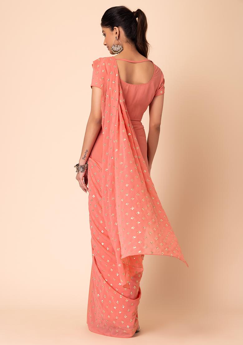 Dusty Pink Boota Embroidered Pre-Stitched Saree (Without Blouse) - Indya
