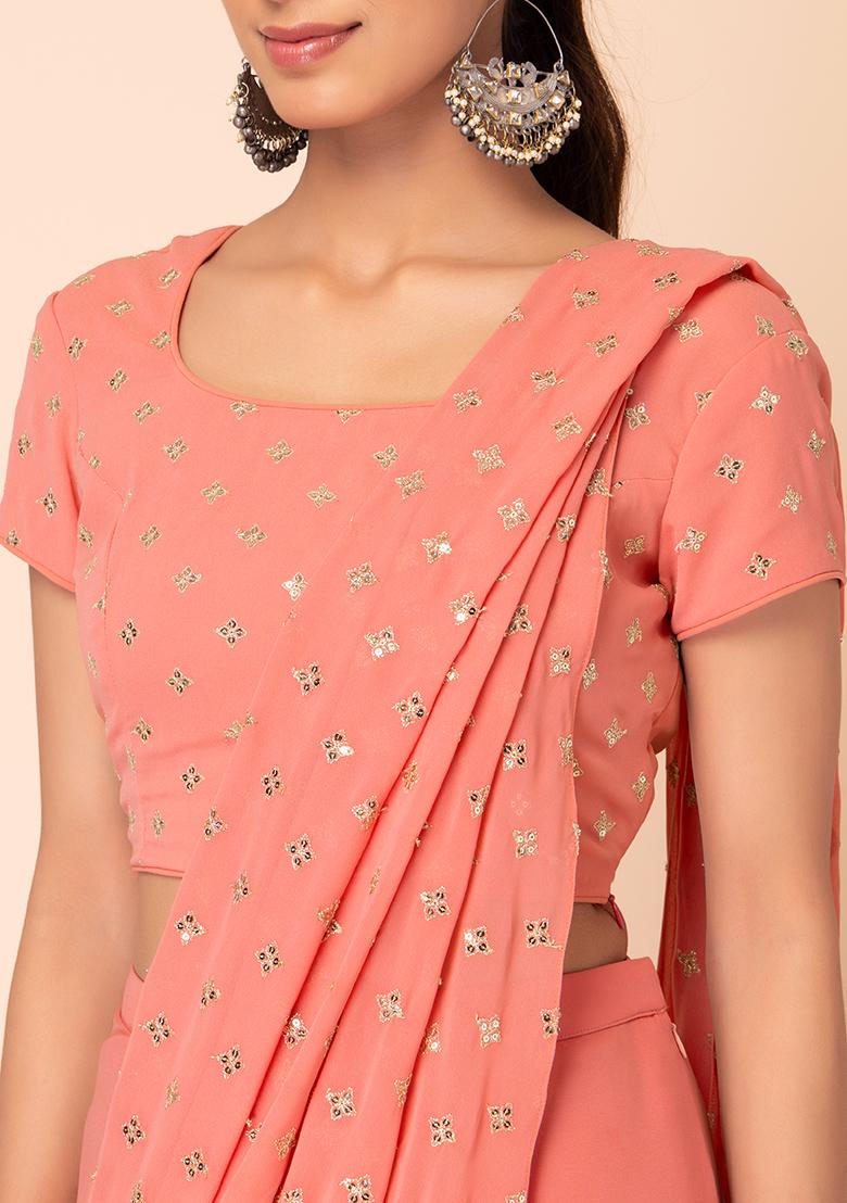 Dusty Pink Boota Embroidered Pre-Stitched Saree (Without Blouse) - Indya