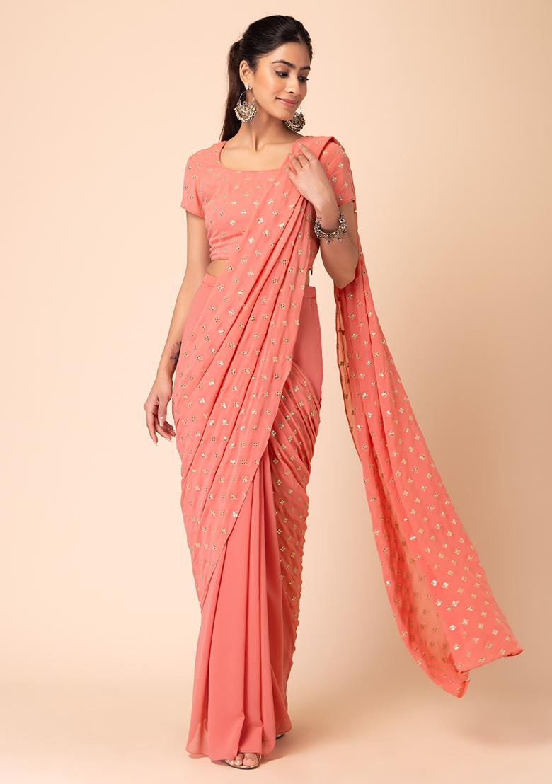 Dusty Pink Boota Embroidered Pre-Stitched Saree (Without Blouse) - Indya