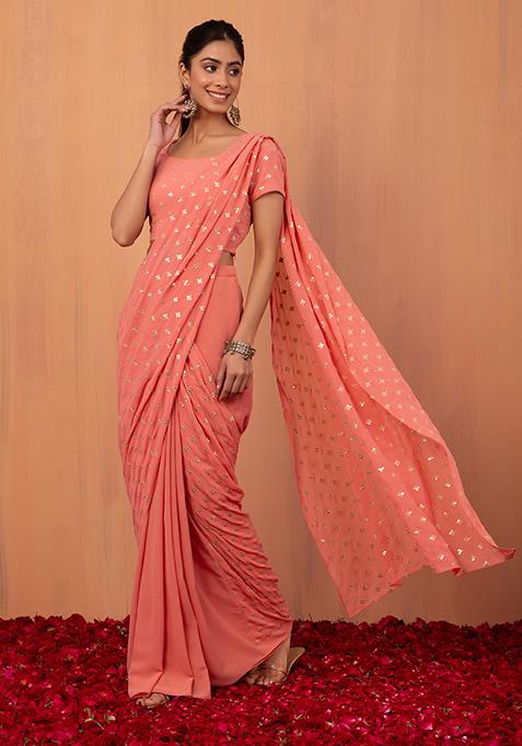 Dusty Pink Boota Embroidered Pre-Stitched Saree (Without Blouse)