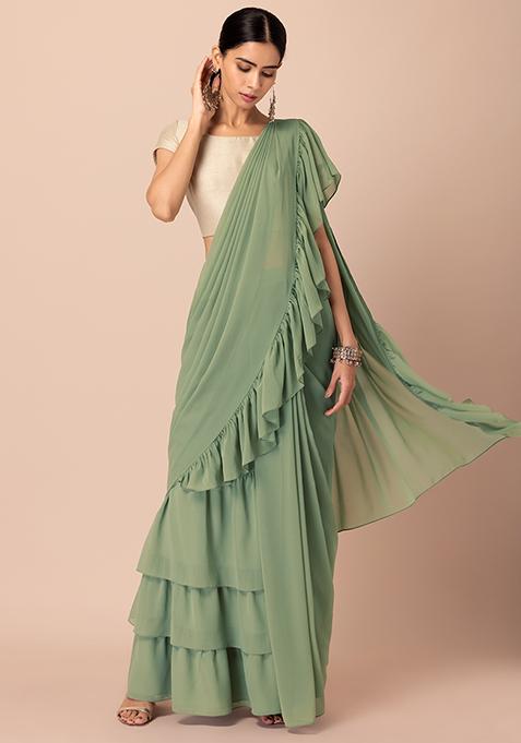 Pastel Green Georgette Ruffled Pre-Stitched Saree (Without Blouse)