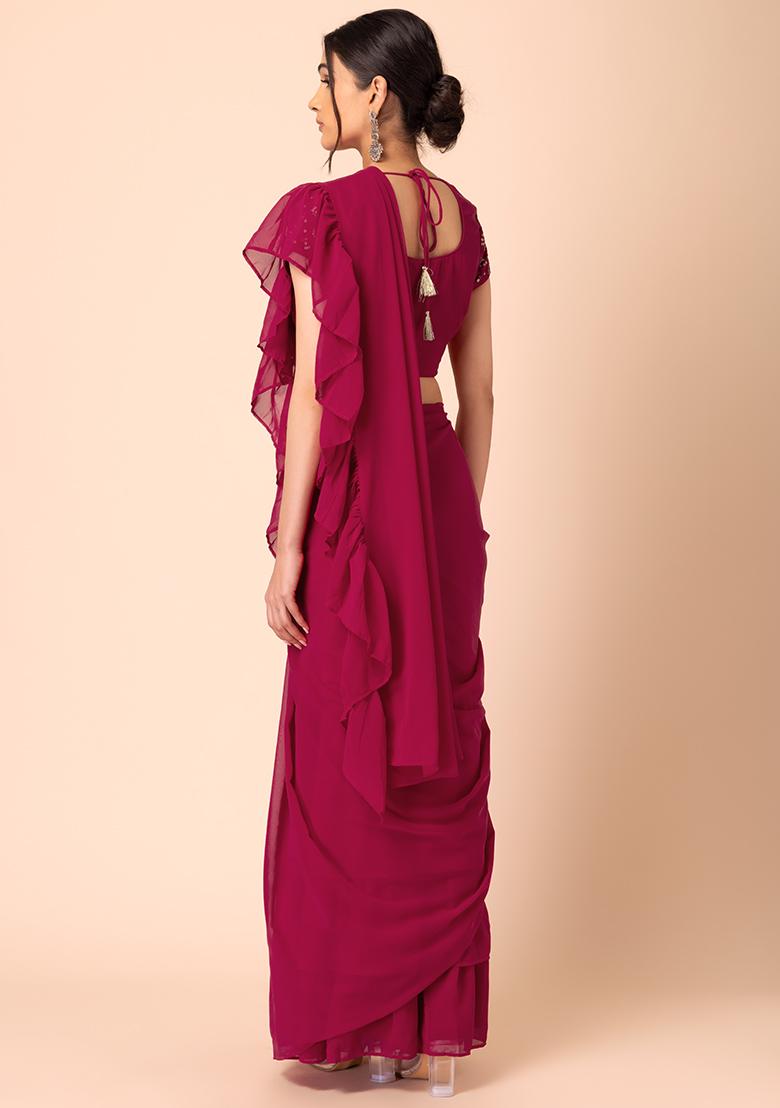 Pink Tiered Ruffled Pre-Stitched Saree (Without Blouse)