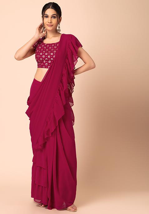 Pink Tiered Ruffled Pre-Stitched Saree (Without Blouse)