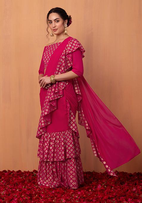 Pink Foil Print Ruffled Pre-Stitched Saree (Without Blouse)