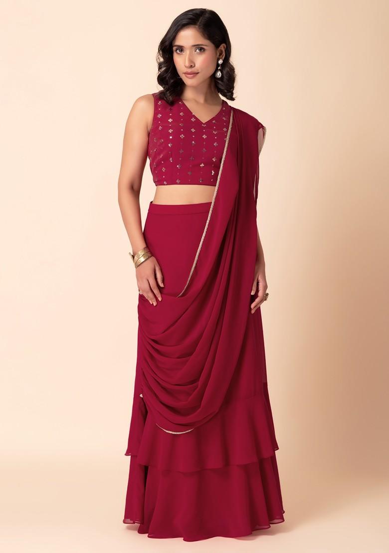Dark Pink Ruffled Pre-Stitched Saree (Without Blouse)