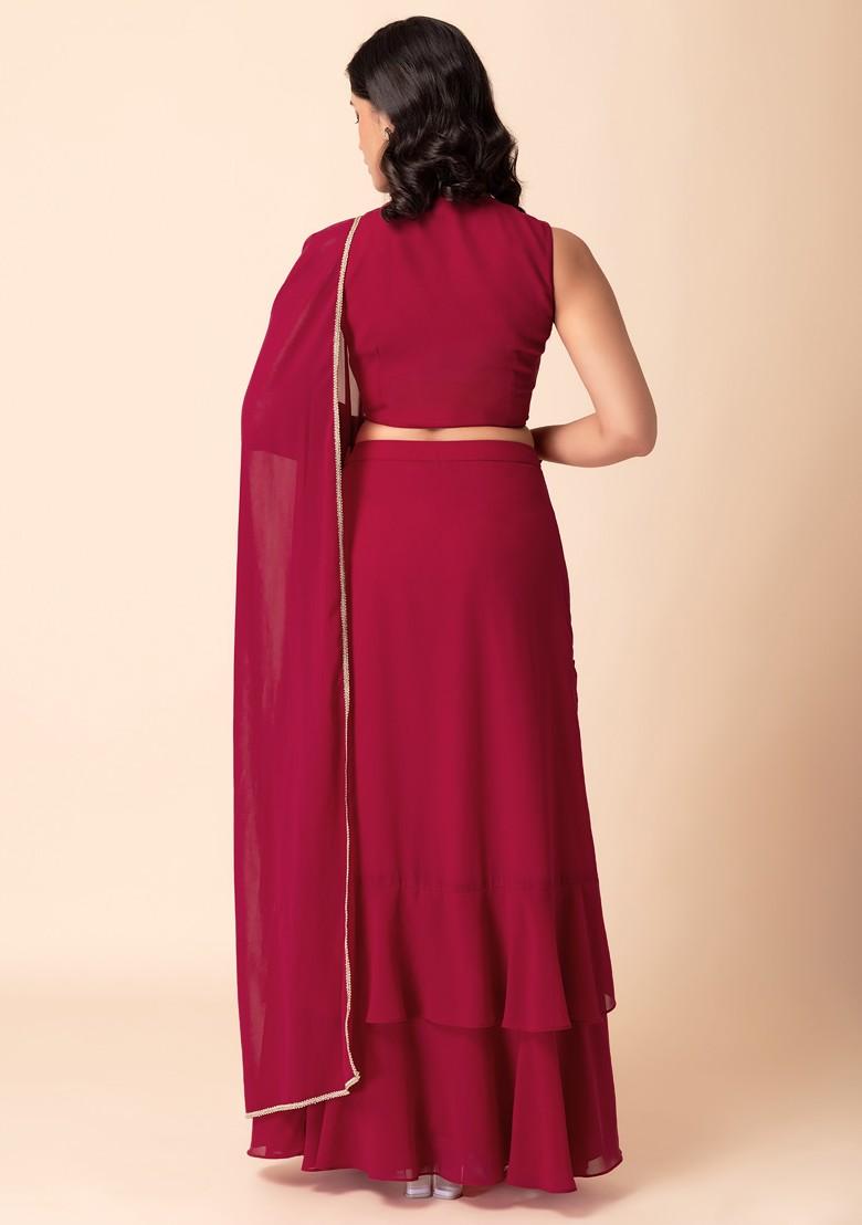 Dark Pink Ruffled Pre-Stitched Saree (Without Blouse)