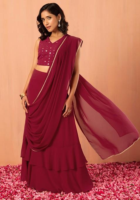 Dark Pink Ruffled Pre-Stitched Saree (Without Blouse)