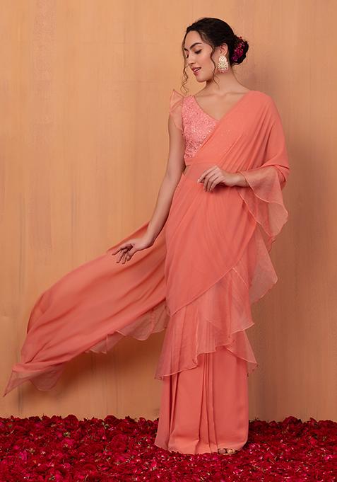Dusty Pink Ruffled Pre-Stitched Saree (Without Blouse)