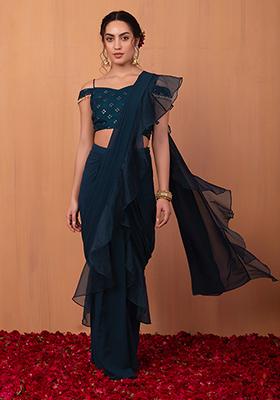 Teal Blue Ruffled Pre-Stitched Saree
