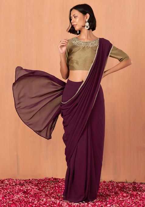 Wine Pre-Stitched Saree (Without Blouse)