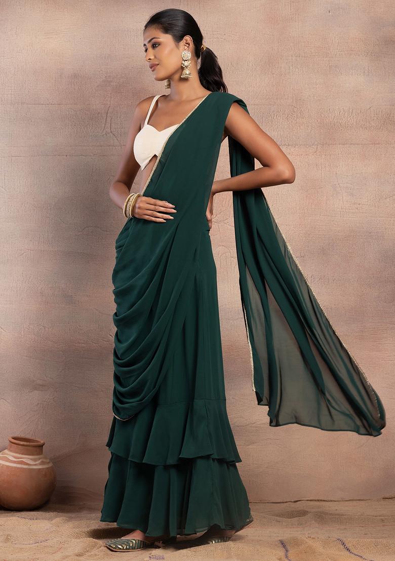Dark Green Ruffled Pre-Stitched Sarees (Without Blouse)