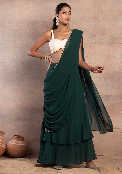 Dark Green Ruffled Pre-Stitched Sarees (Without Blouse)