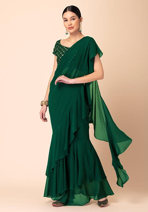 Dark Green Ruffled Pre-Stitched Saree (Without Blouse)