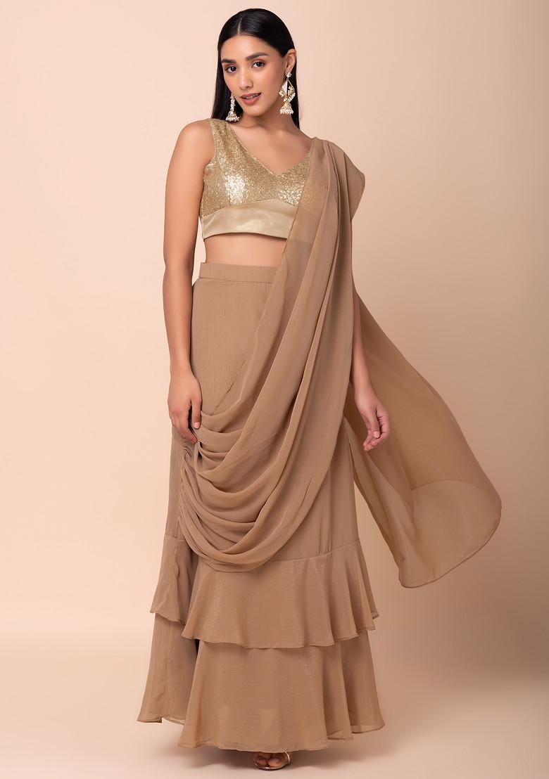 Beige Shimmer Ruffled Pre-Stitched Saree (Without Blouse)