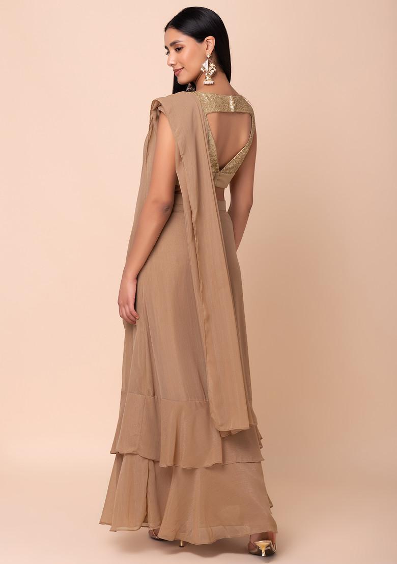 Beige Shimmer Ruffled Pre-Stitched Saree (Without Blouse)