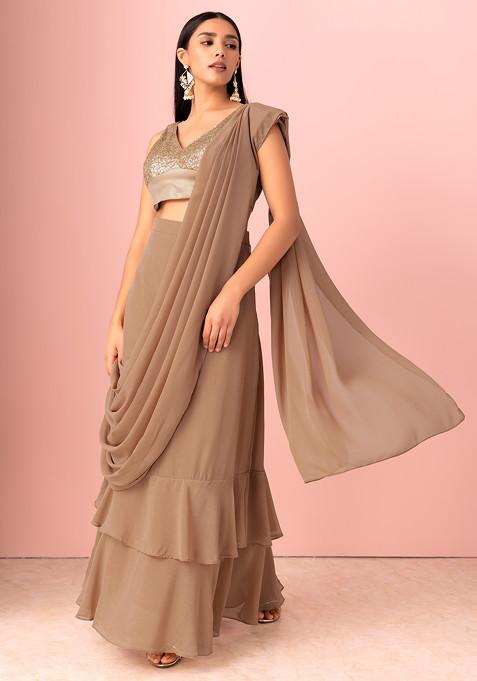 Beige Shimmer Ruffled Pre-Stitched Saree (Without Blouse)