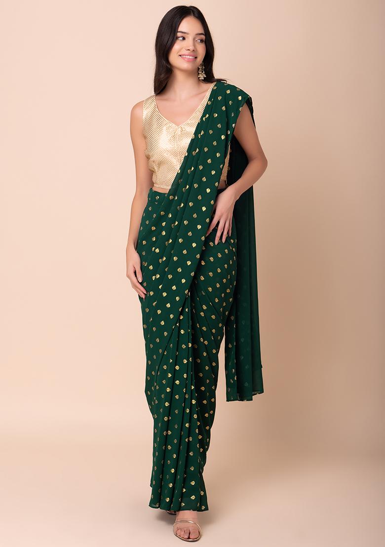 Green Foil Leaf Print Pre-Stitched Saree (Without Blouse)